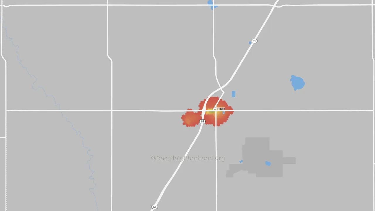 Walk Grade map of Inman, KS, walkable areas in green and car-dependent areas in red