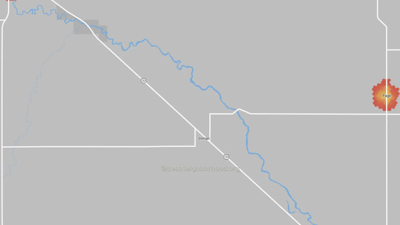 Walk Grade map of Inman, NE, walkable areas in green and car-dependent areas in red
