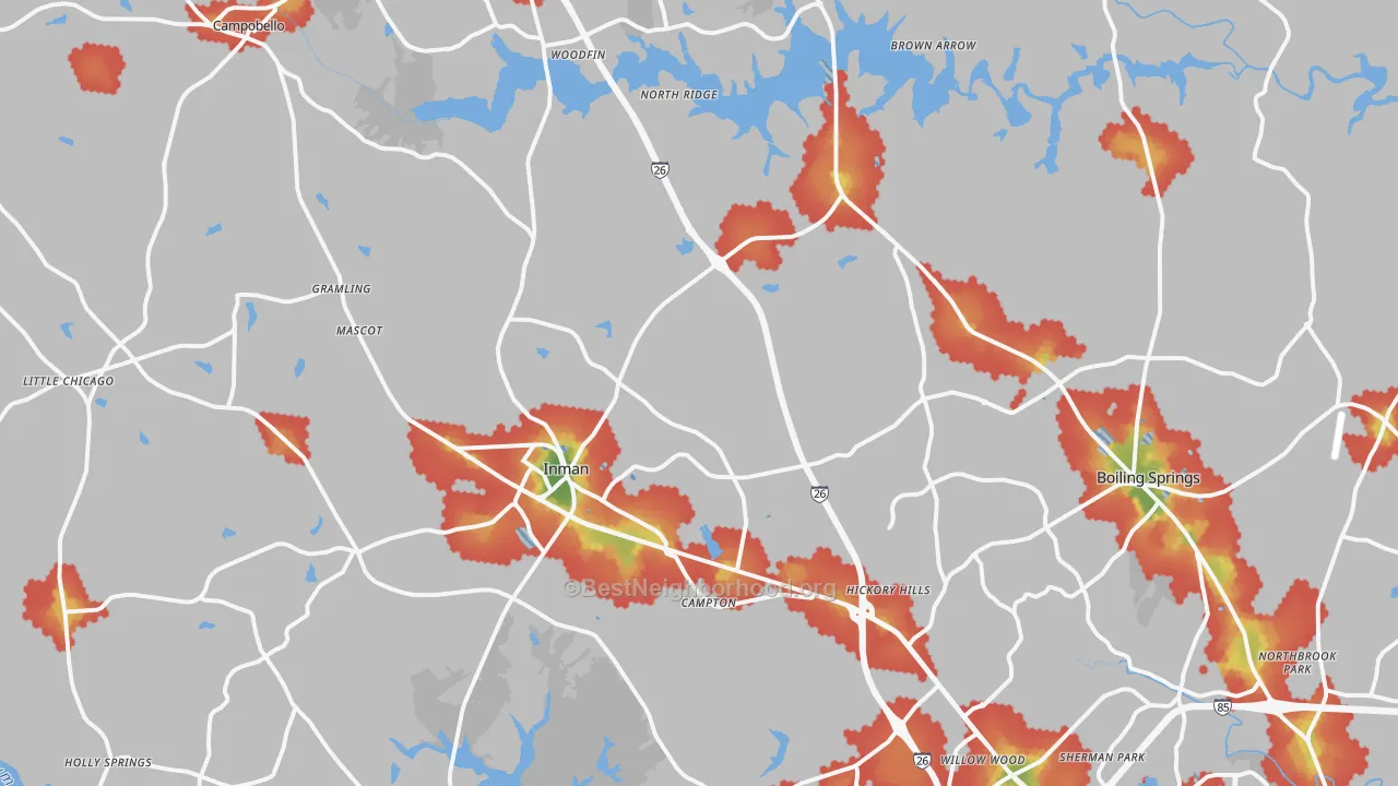 Walk Grade map of Inman, SC, walkable areas in green and car-dependent areas in red