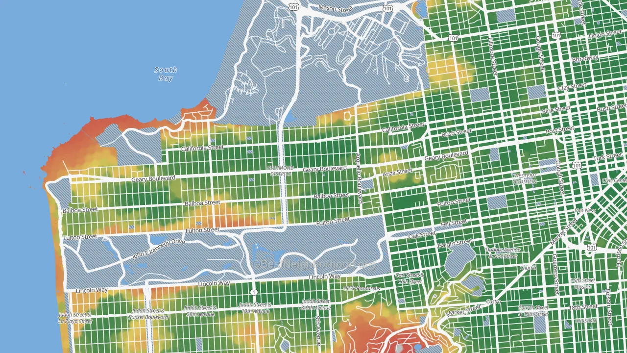 Walk Grade map of Inner Richmond, San Francisco, CA, walkable areas in green and car-dependent areas in red