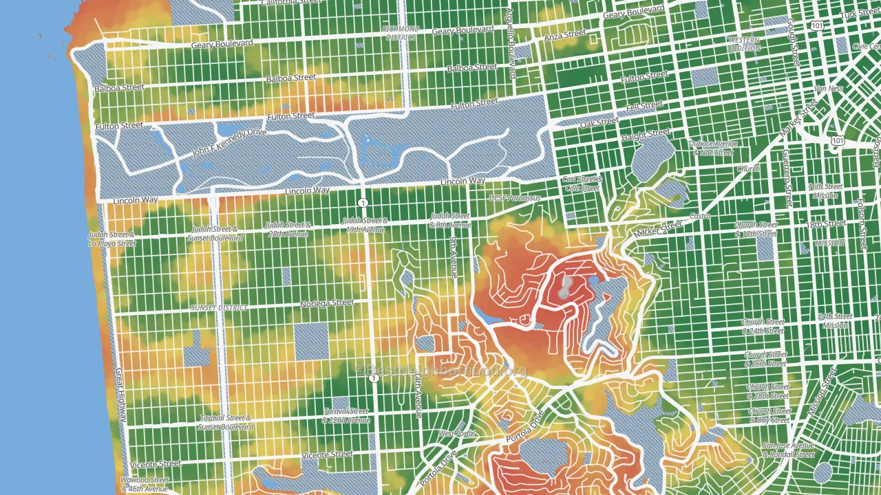 Walk Grade map of Inner Sunset, San Francisco, CA, walkable areas in green and car-dependent areas in red
