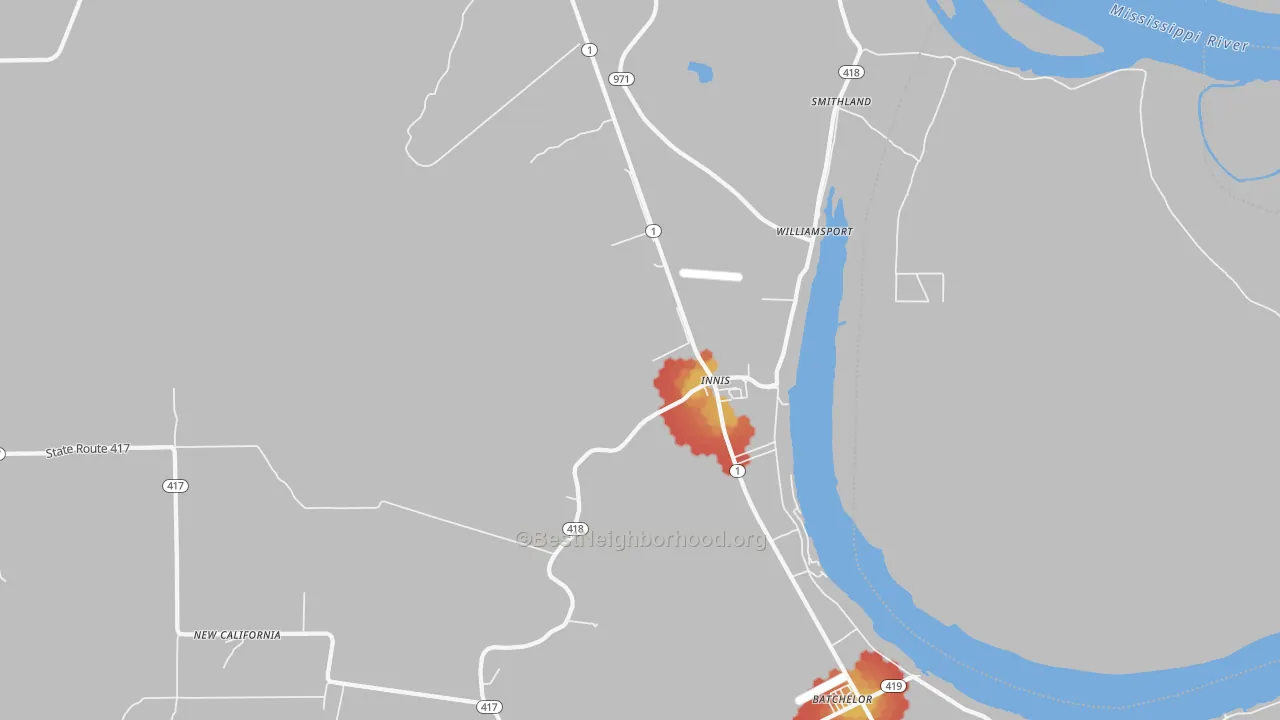 Walk Grade map of Innis, LA, walkable areas in green and car-dependent areas in red