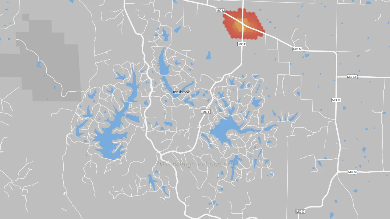 Walk Grade map of Innsbrook, MO, walkable areas in green and car-dependent areas in red