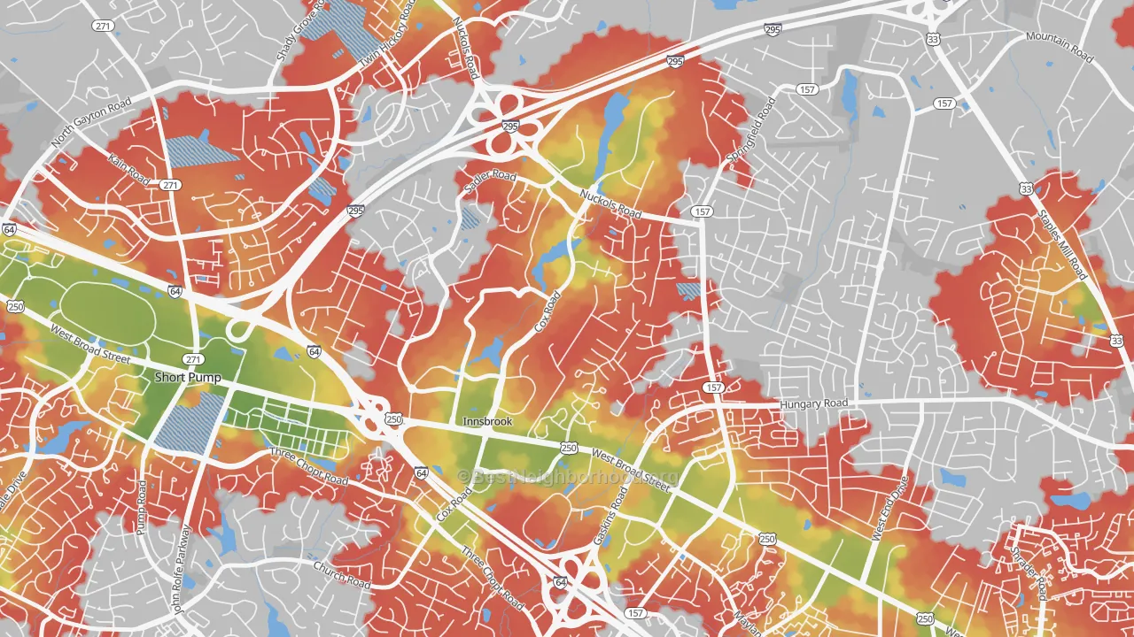 Walk Grade map of Innsbrook, VA, walkable areas in green and car-dependent areas in red
