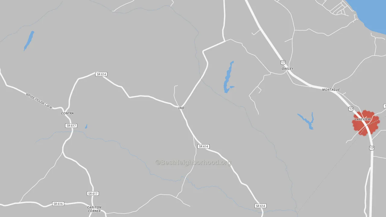 Walk Grade map of Ino, VA, walkable areas in green and car-dependent areas in red
