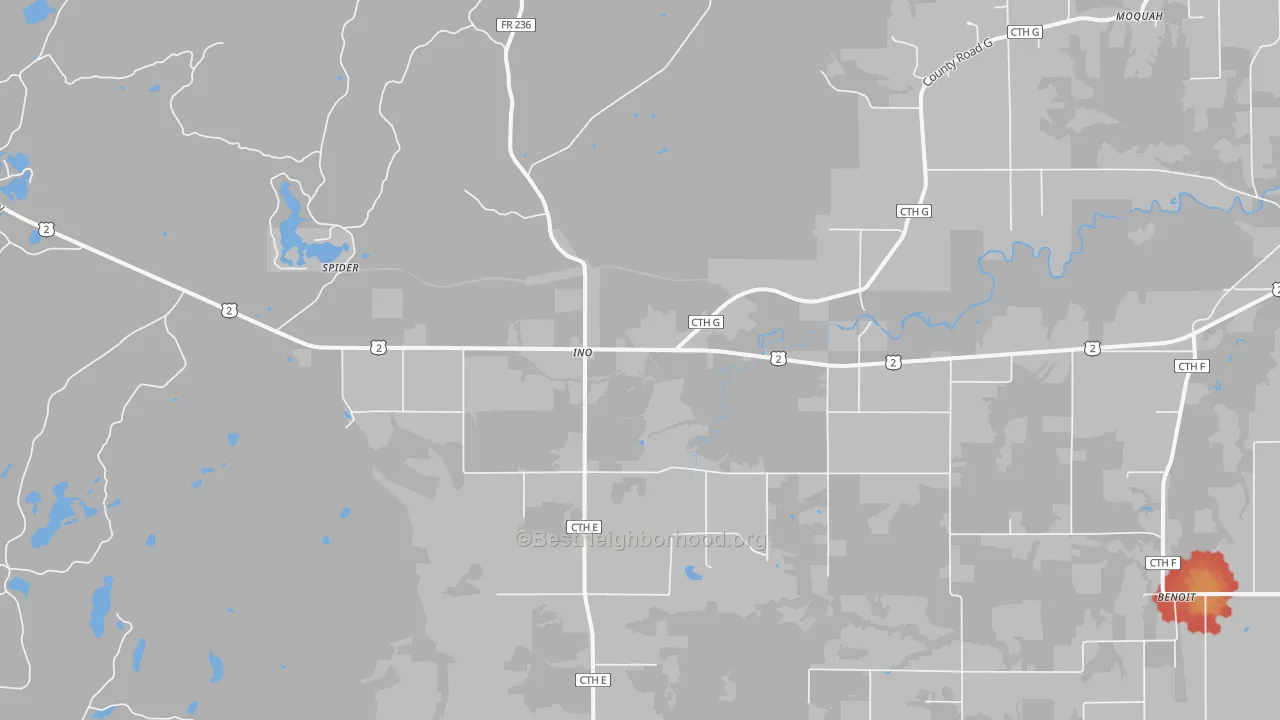Walk Grade map of Ino, WI, walkable areas in green and car-dependent areas in red