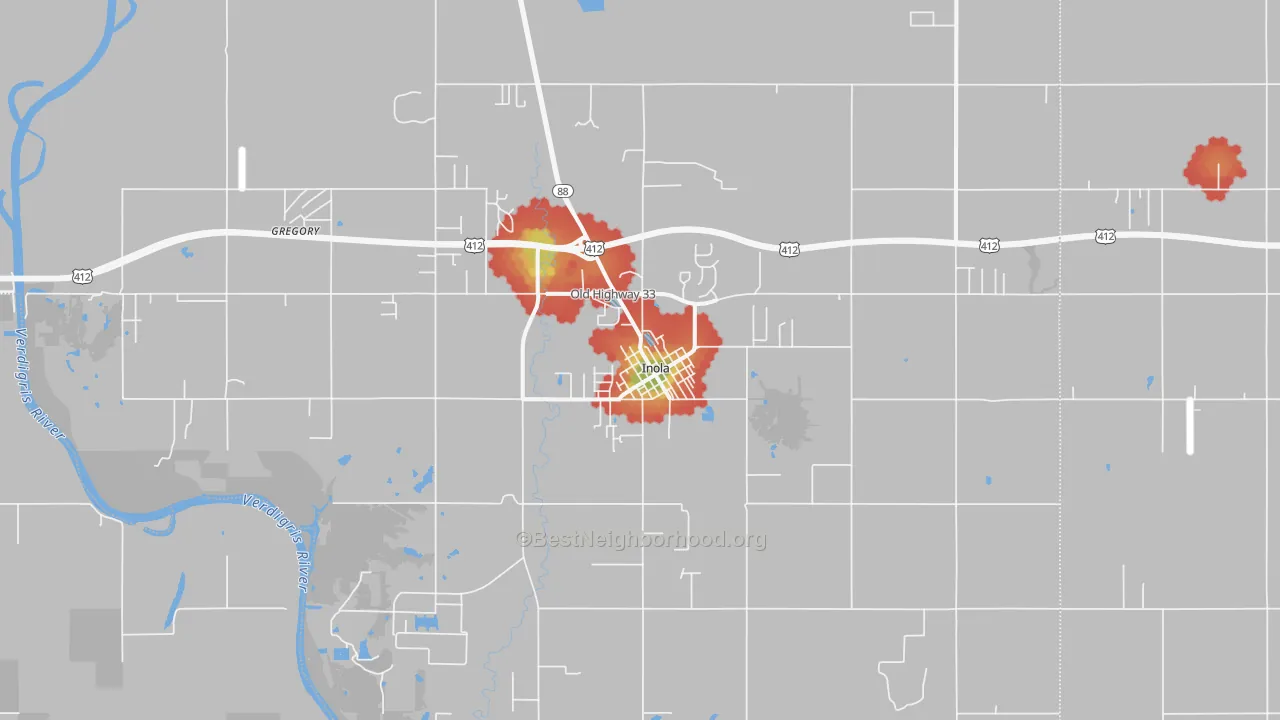 Walk Grade map of Inola, OK, walkable areas in green and car-dependent areas in red