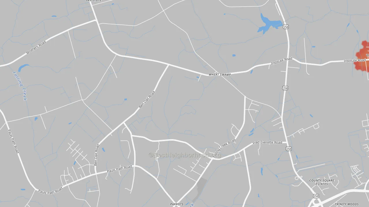 Walk Grade map of Institute, NC, walkable areas in green and car-dependent areas in red