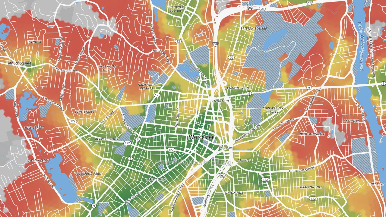 Walk Grade map of Institute Park, Worcester, MA, walkable areas in green and car-dependent areas in red