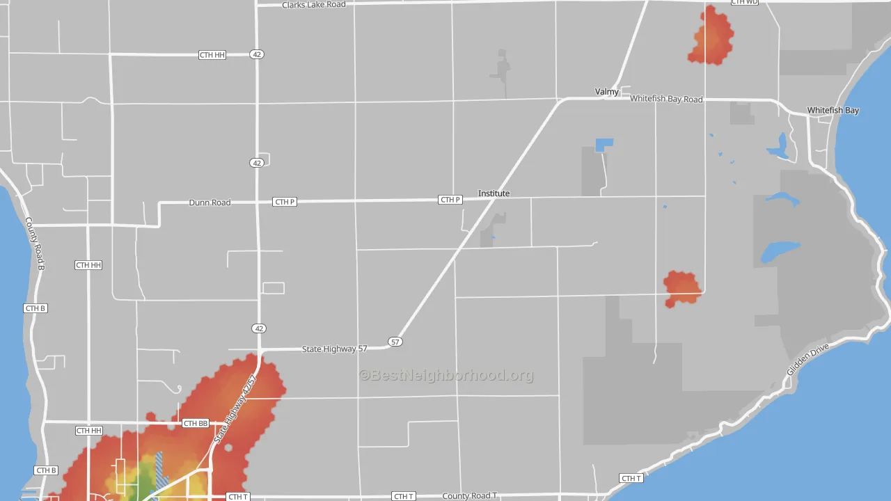 Walk Grade map of Institute, WI, walkable areas in green and car-dependent areas in red