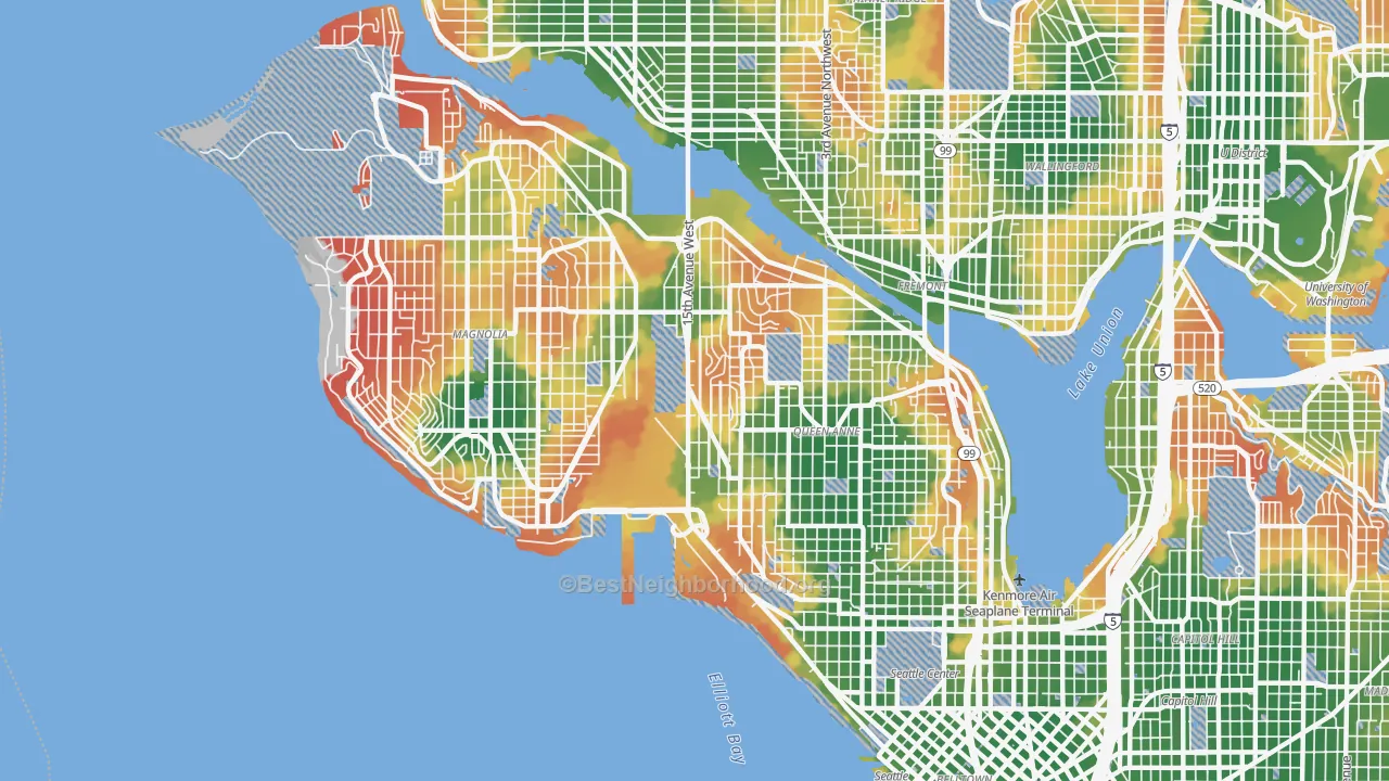 Walk Grade map of Interbay, Seattle, WA, walkable areas in green and car-dependent areas in red
