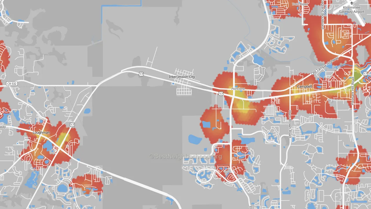 Walk Grade map of Intercession City, FL, walkable areas in green and car-dependent areas in red