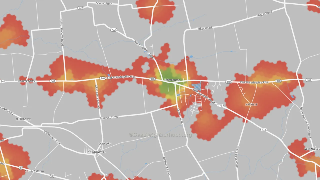 Walk Grade map of Intercourse, PA, walkable areas in green and car-dependent areas in red