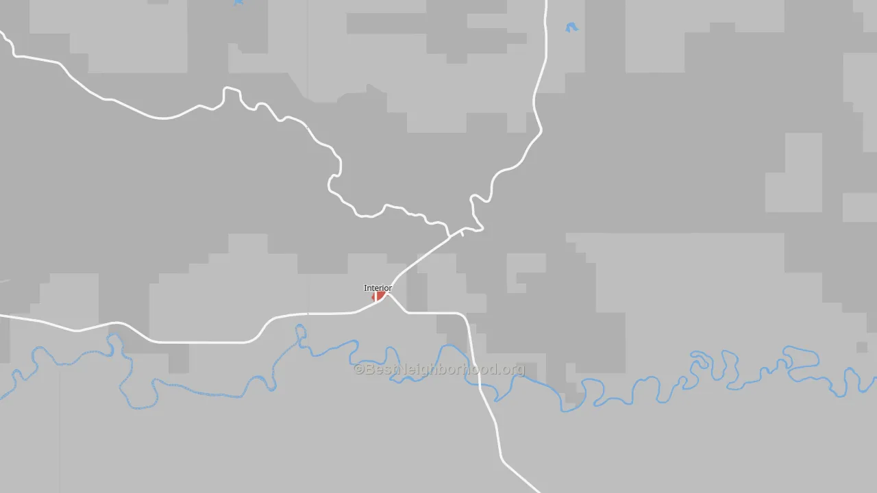 Walk Grade map of Interior, SD, walkable areas in green and car-dependent areas in red
