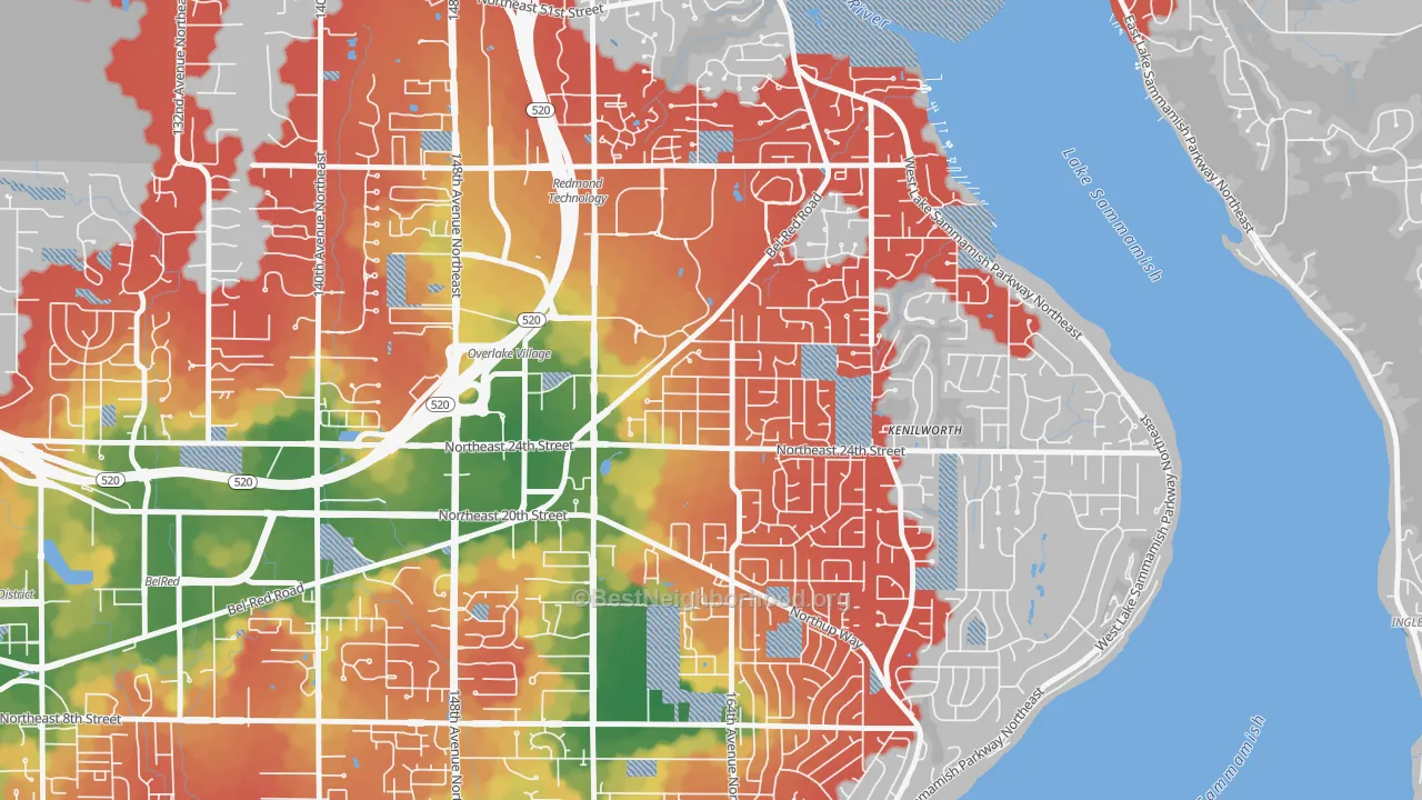 Walk Grade map of Interlake, Bellevue, WA, walkable areas in green and car-dependent areas in red