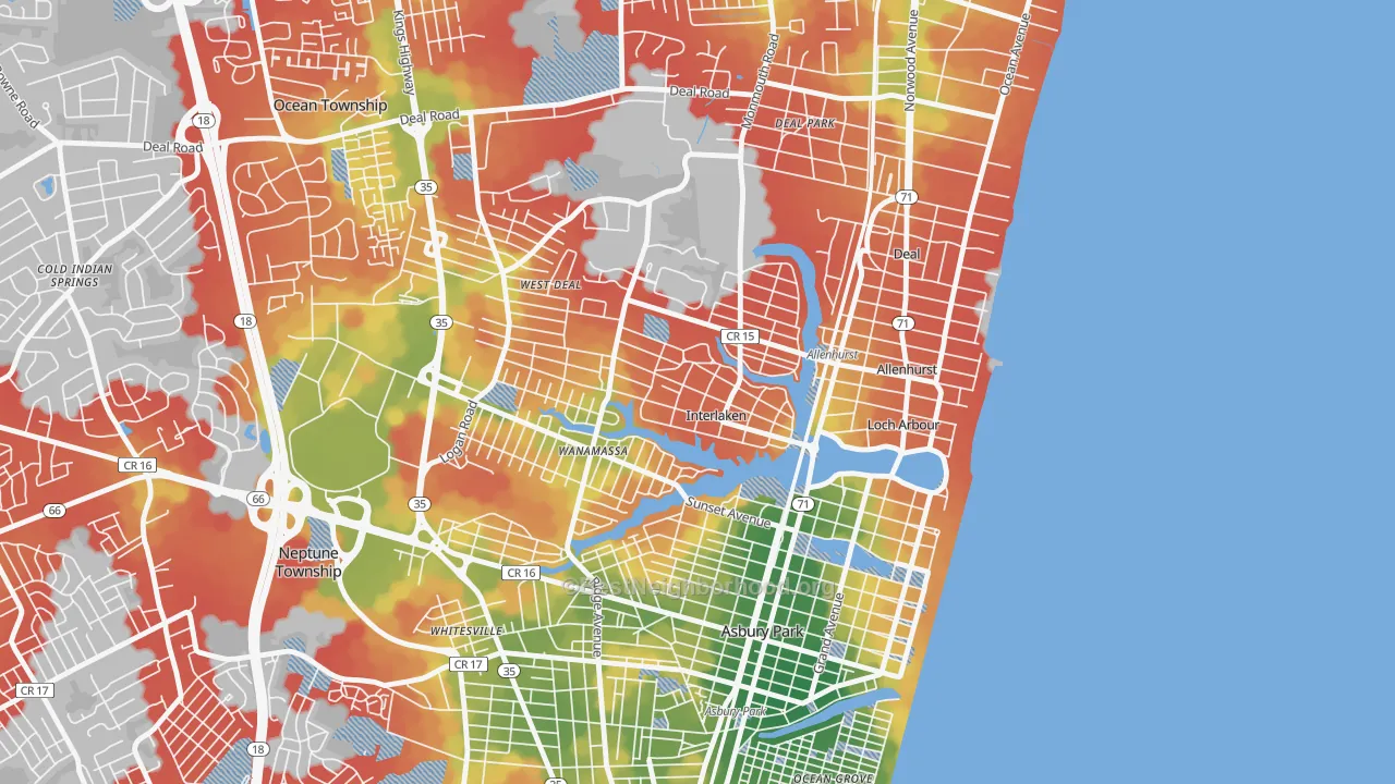 Walk Grade map of Interlaken, NJ, walkable areas in green and car-dependent areas in red