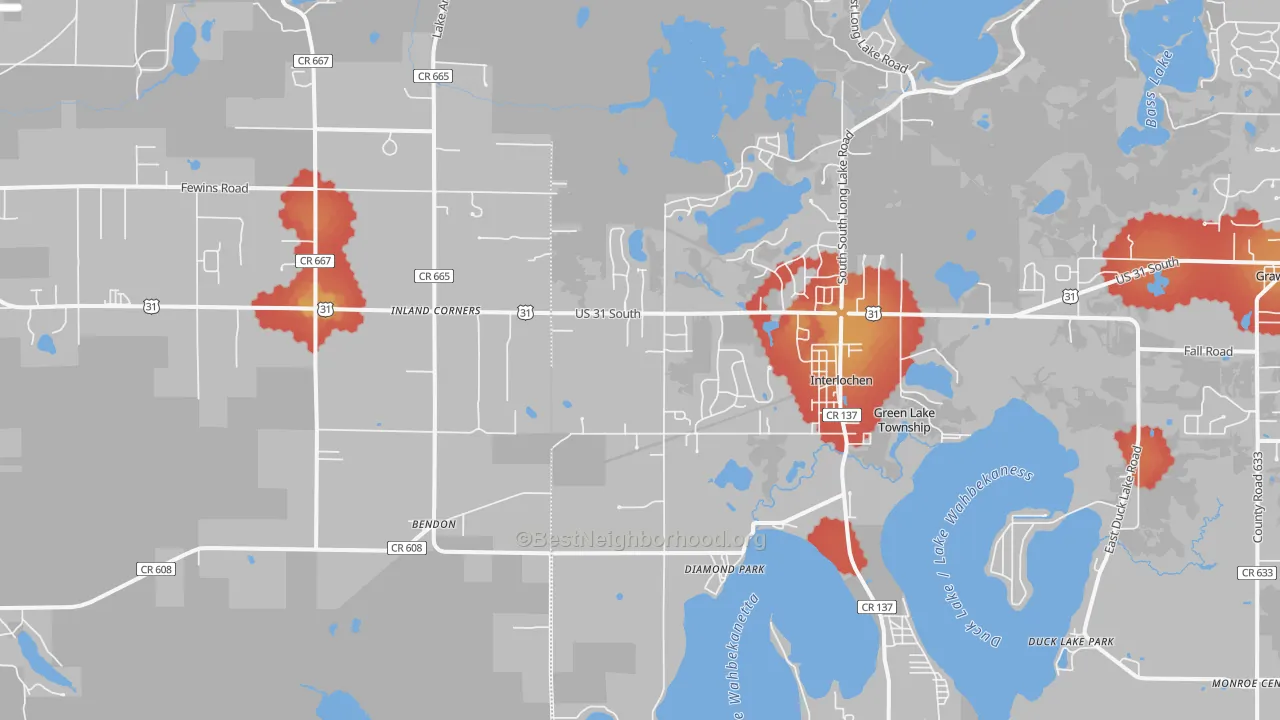 Walk Grade map of Interlochen, MI, walkable areas in green and car-dependent areas in red