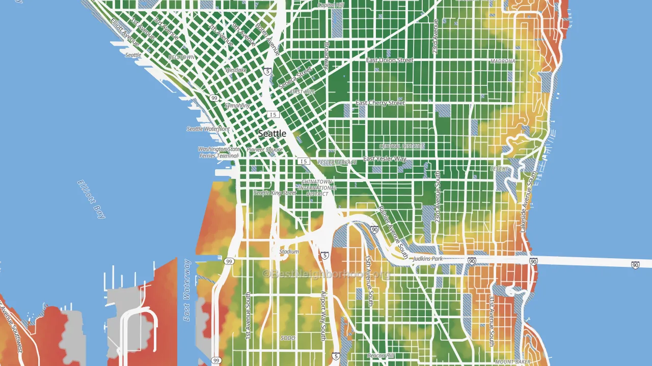 Walk Grade map of International District, Seattle, WA, walkable areas in green and car-dependent areas in red