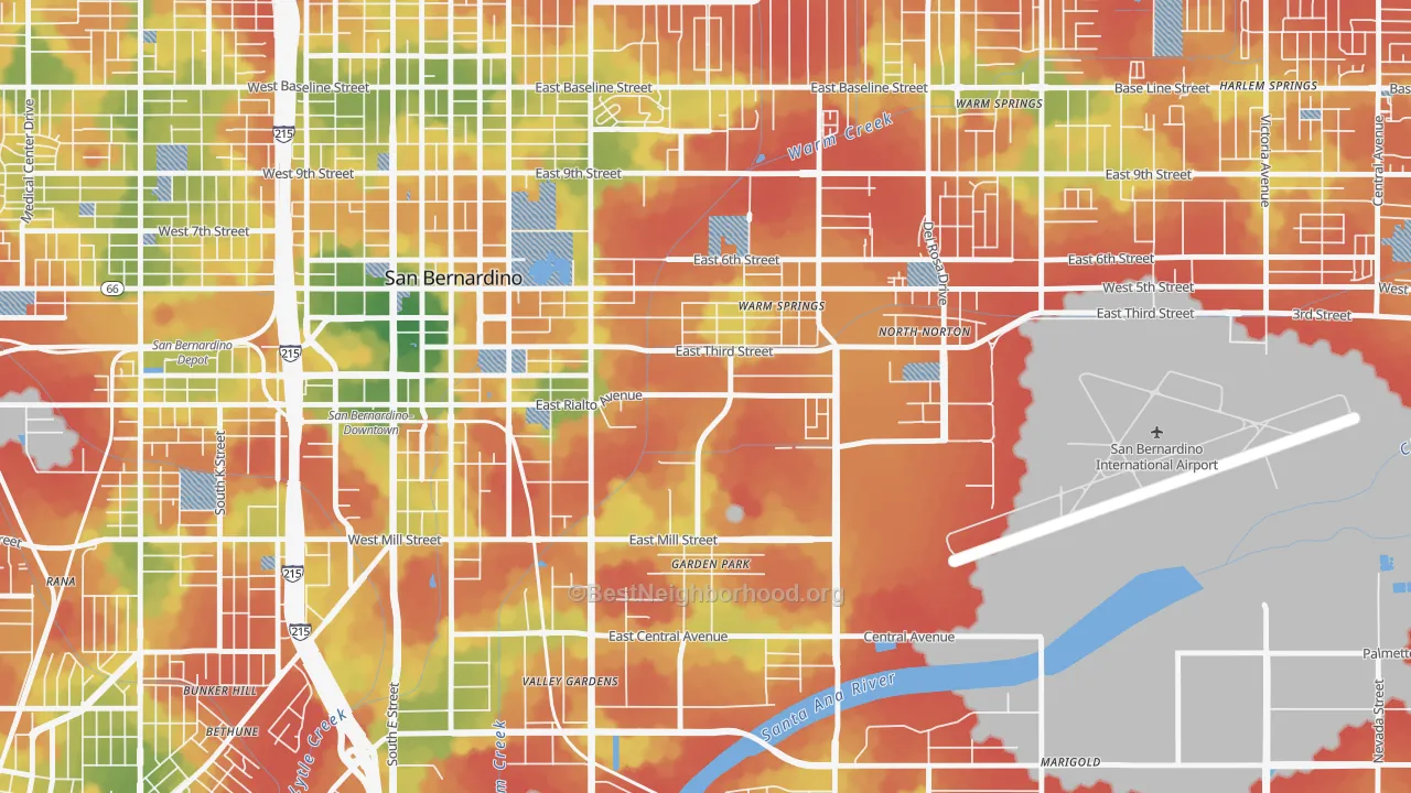 Walk Grade map of International, San Bernardino, CA, walkable areas in green and car-dependent areas in red