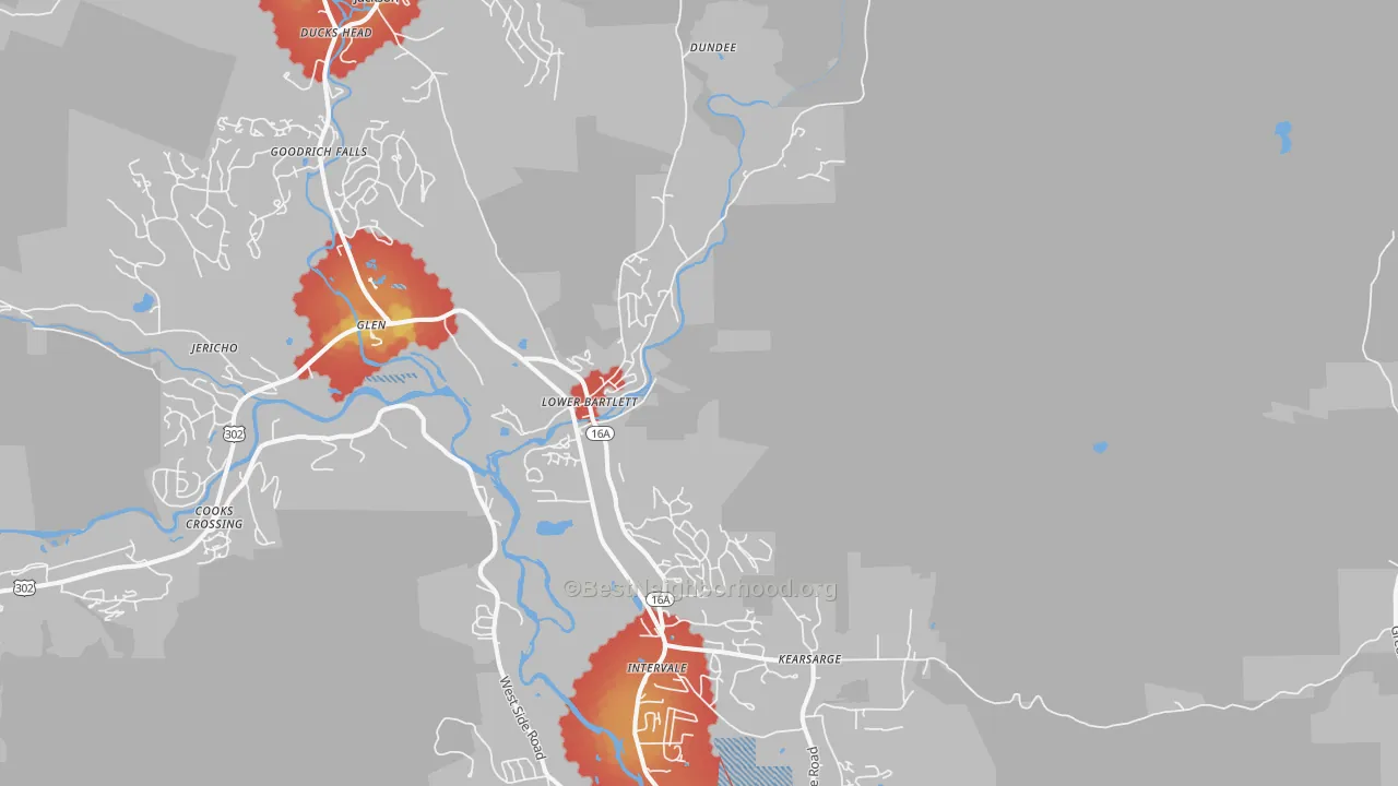 Walk Grade map of Intervale, NH, walkable areas in green and car-dependent areas in red