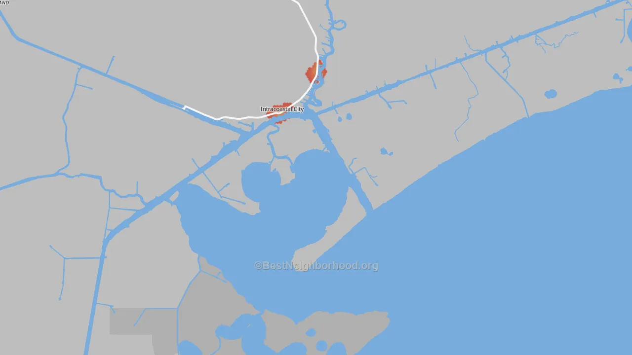 Walk Grade map of Intracoastal City, LA, walkable areas in green and car-dependent areas in red