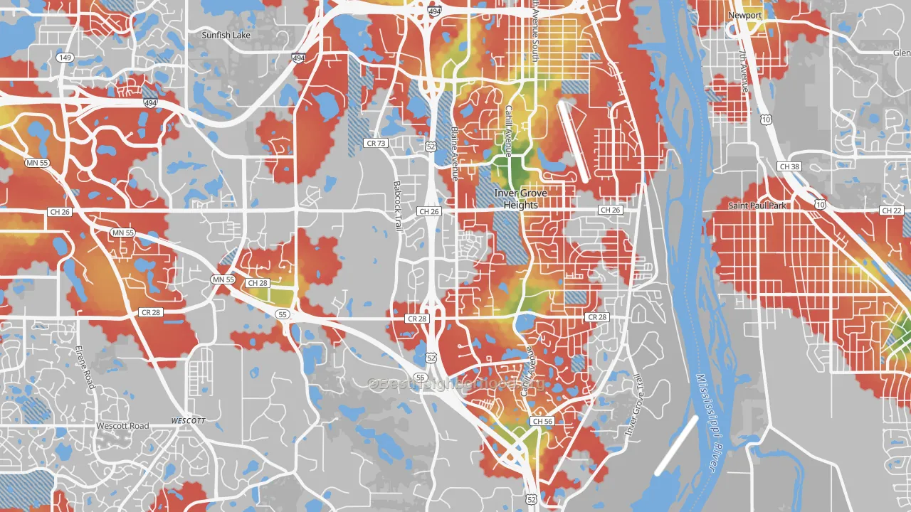 Walk Grade map of Inver Grove Heights, MN, walkable areas in green and car-dependent areas in red