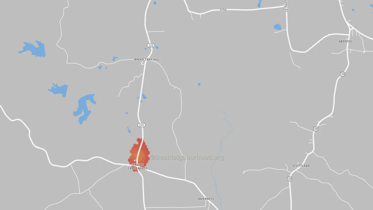 Walk Grade map of Inverness, AL, walkable areas in green and car-dependent areas in red