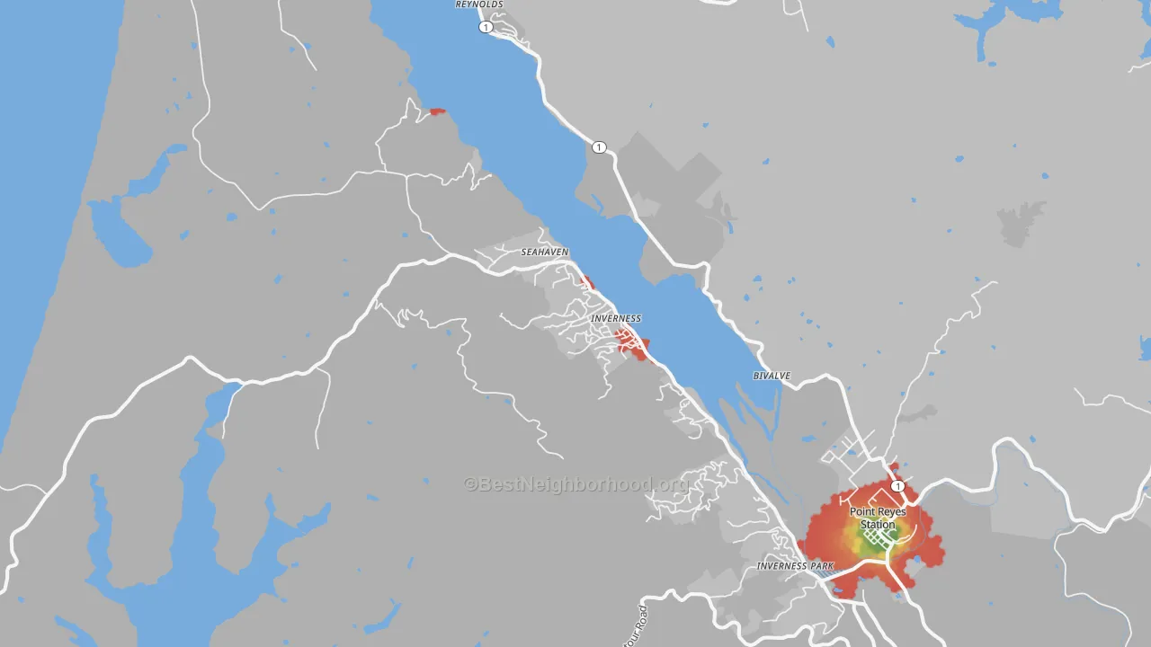 Walk Grade map of Inverness, CA, walkable areas in green and car-dependent areas in red