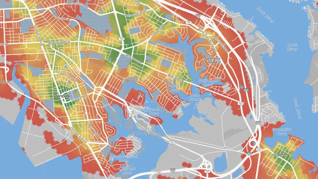 Walk Grade map of Inverness, Dundalk, MD, walkable areas in green and car-dependent areas in red