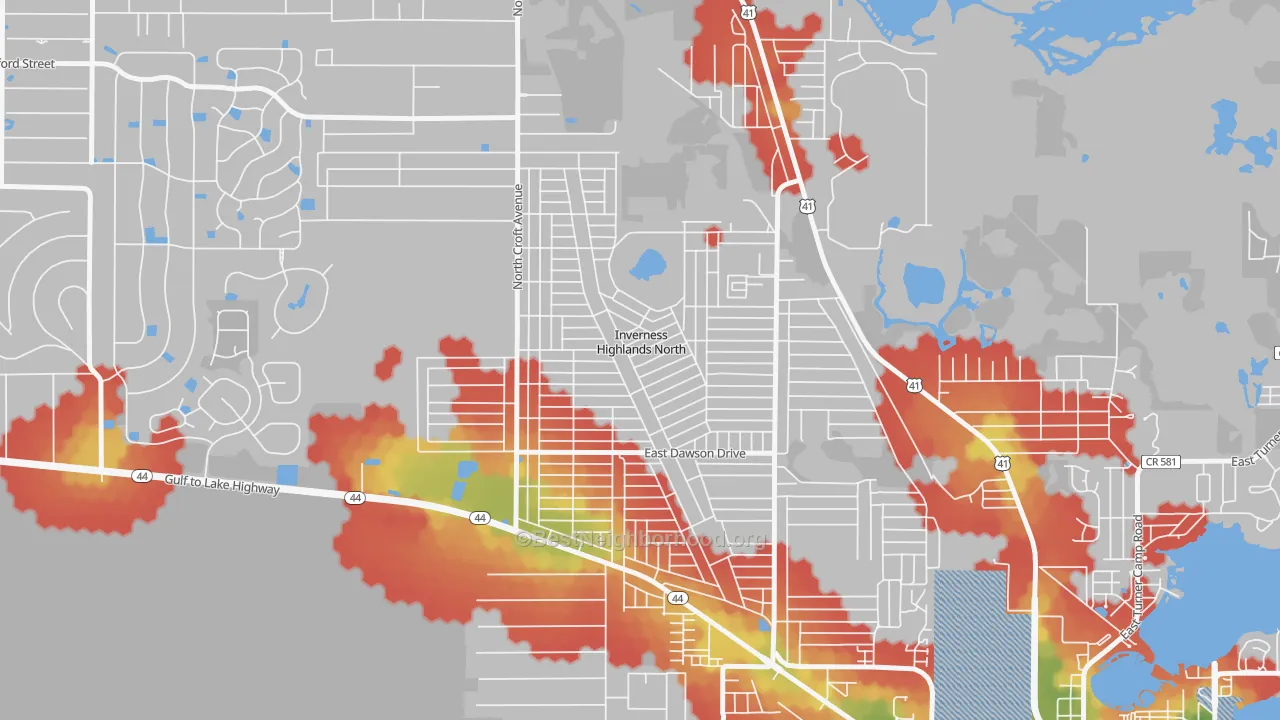 Walk Grade map of Inverness Highlands North, FL, walkable areas in green and car-dependent areas in red