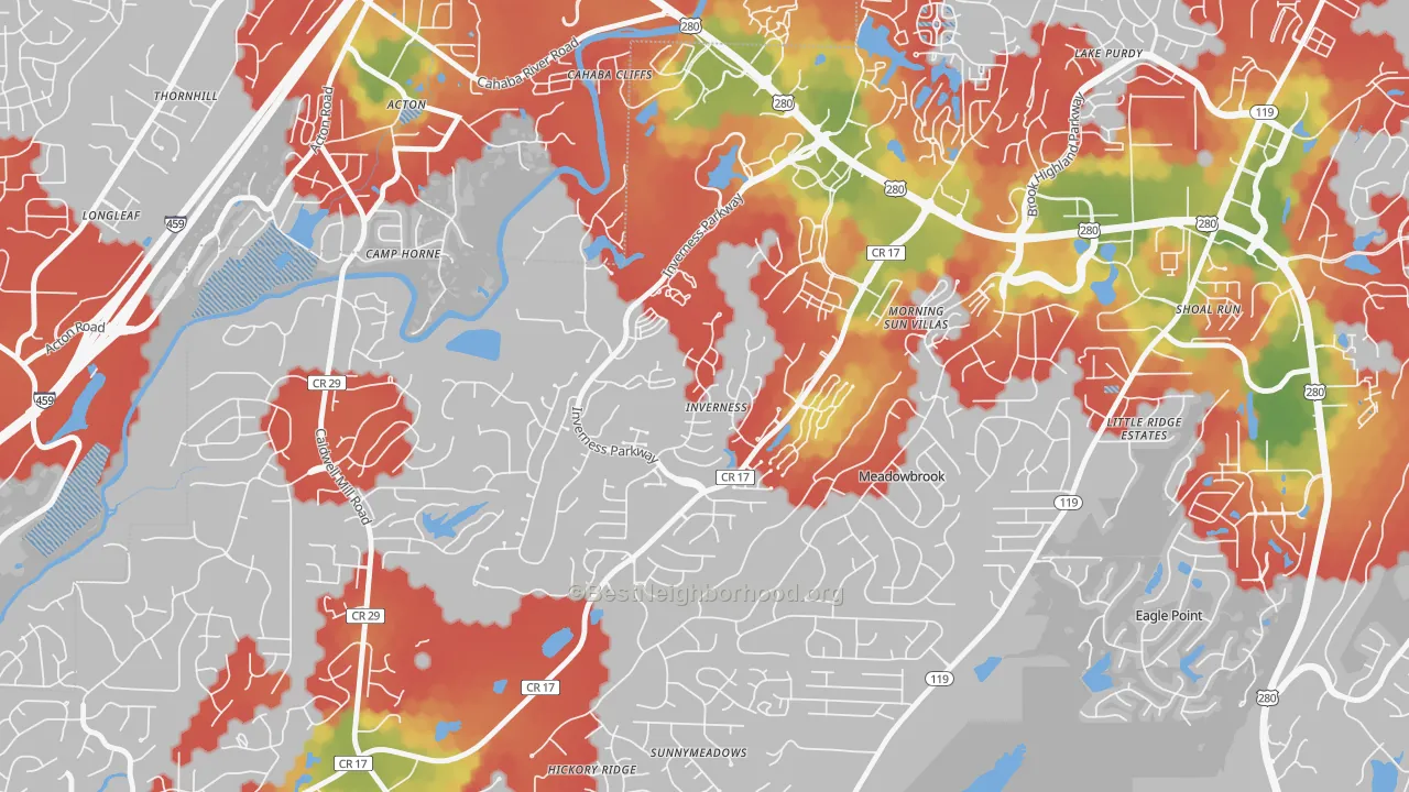 Walk Grade map of Inverness, Hoover, AL, walkable areas in green and car-dependent areas in red