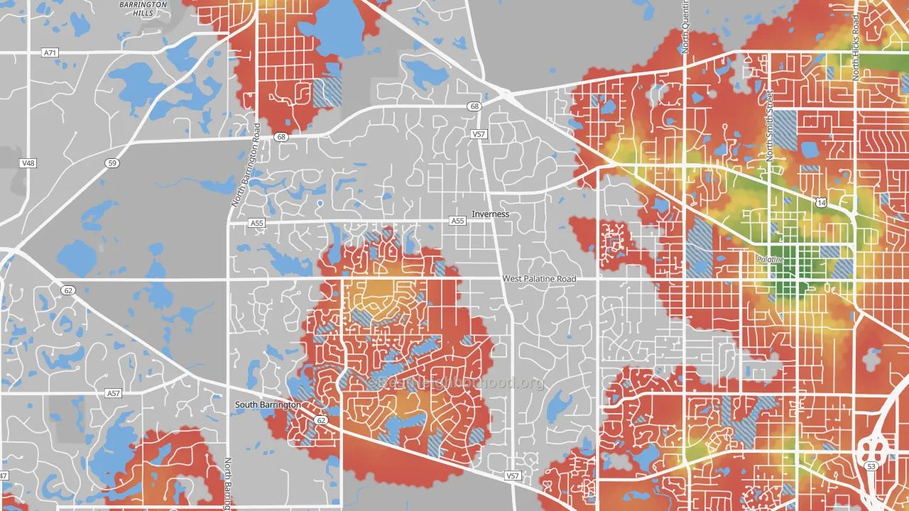 Walk Grade map of Inverness, IL, walkable areas in green and car-dependent areas in red