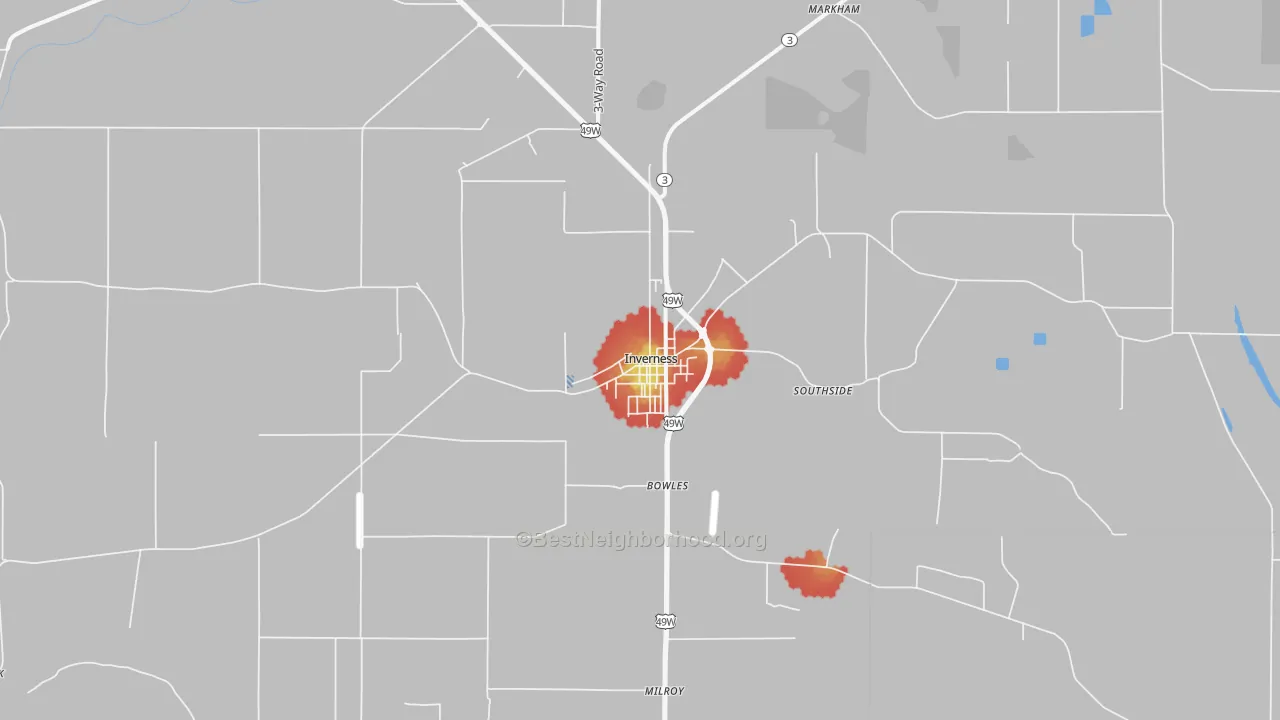 Walk Grade map of Inverness, MS, walkable areas in green and car-dependent areas in red