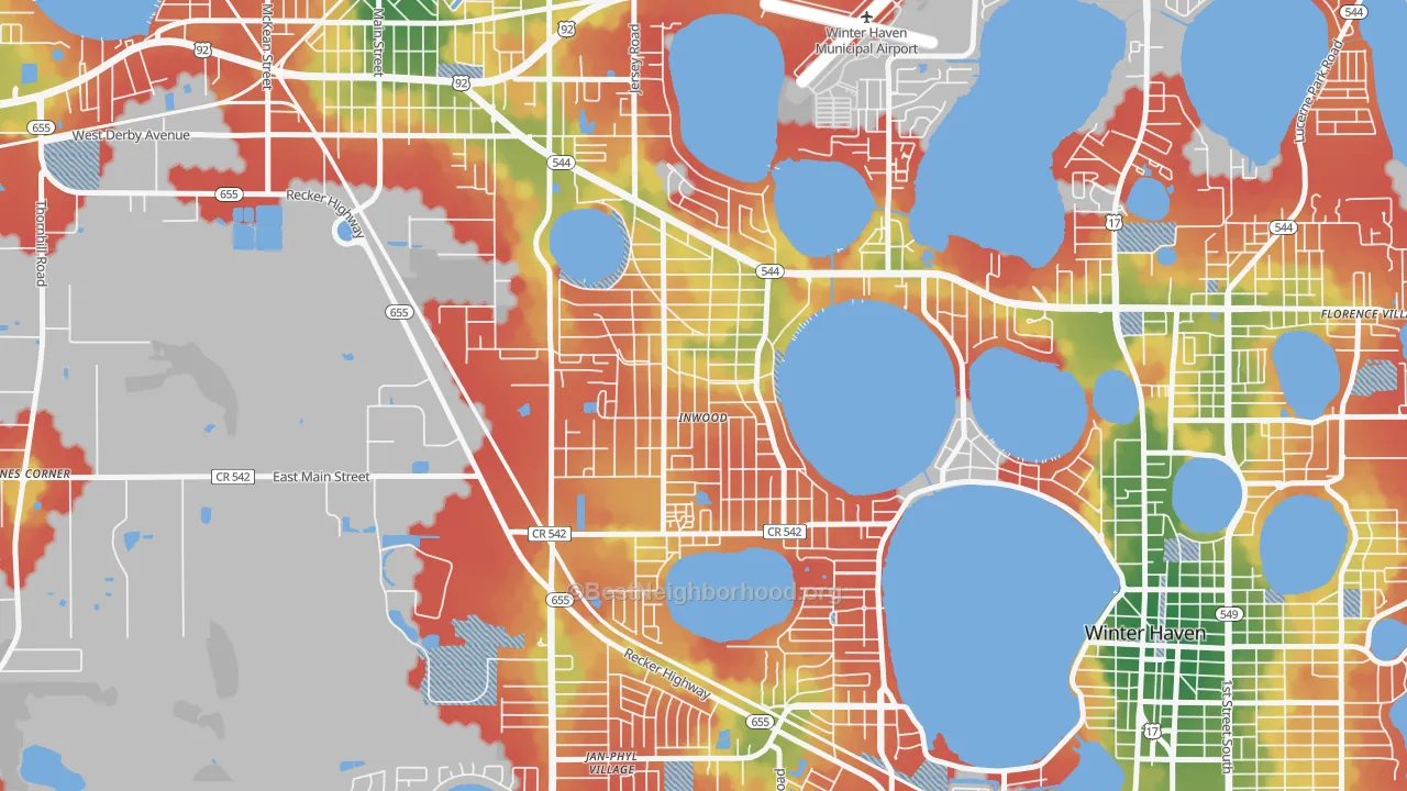Walk Grade map of Inwood, FL, walkable areas in green and car-dependent areas in red