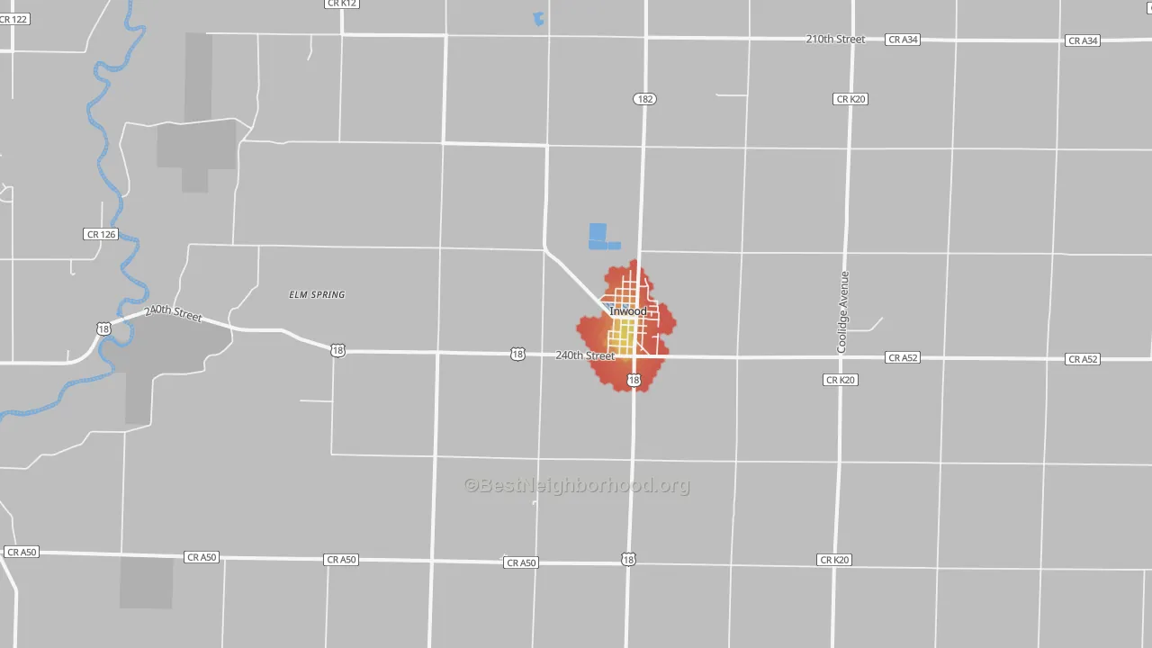Walk Grade map of Inwood, IA, walkable areas in green and car-dependent areas in red