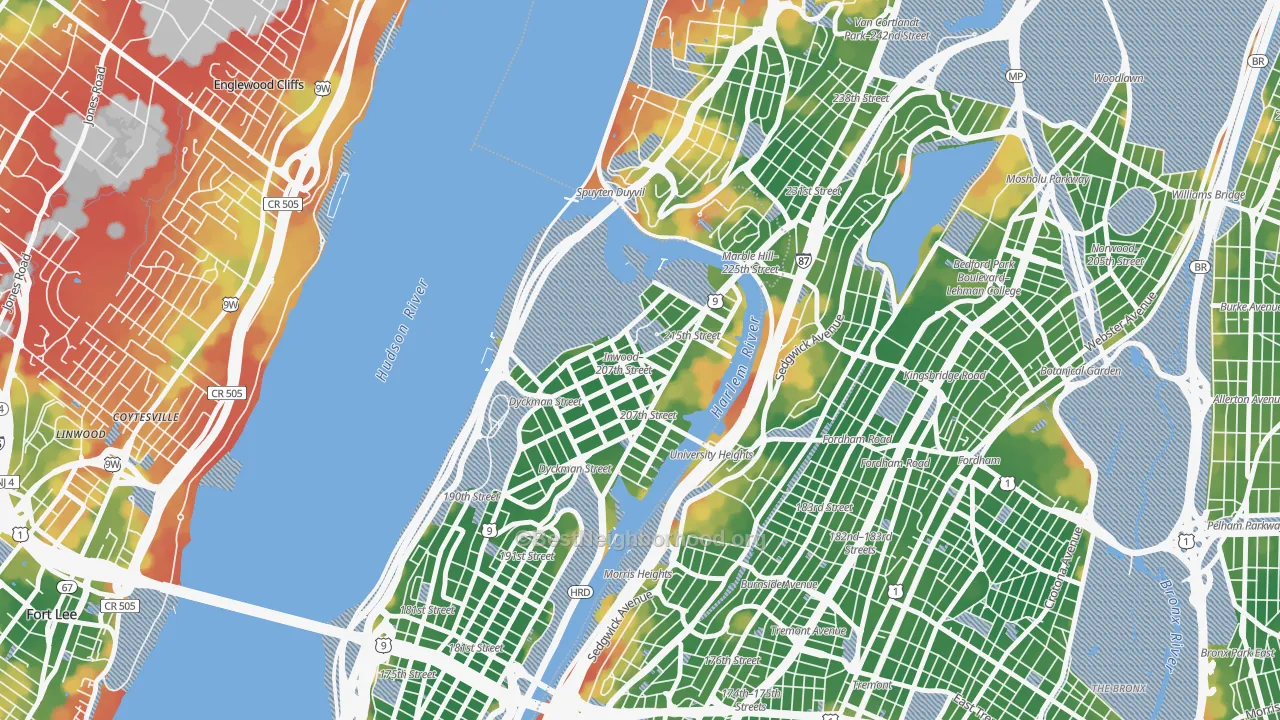 Walk Grade map of Inwood, Manhattan, NY, walkable areas in green and car-dependent areas in red