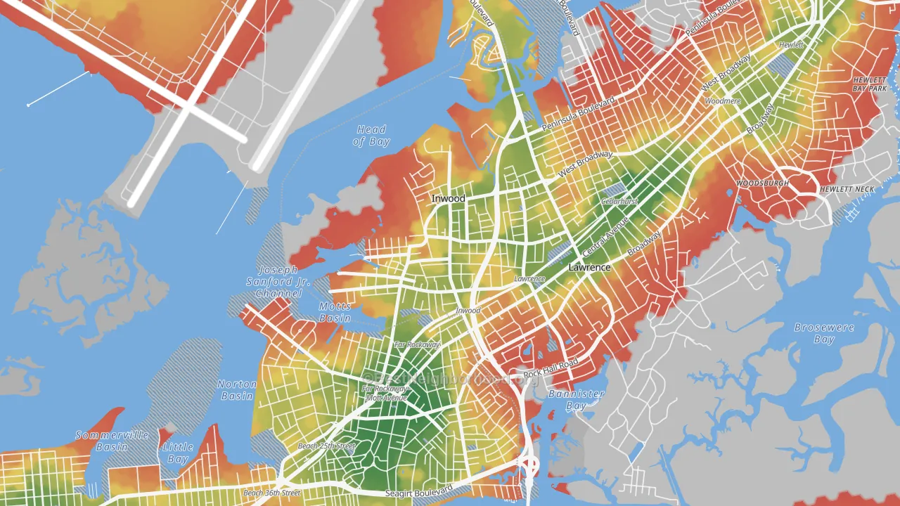 Walk Grade map of Inwood, NY, walkable areas in green and car-dependent areas in red