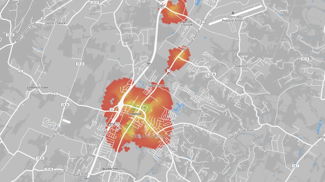 Walk Grade map of Inwood, WV, walkable areas in green and car-dependent areas in red