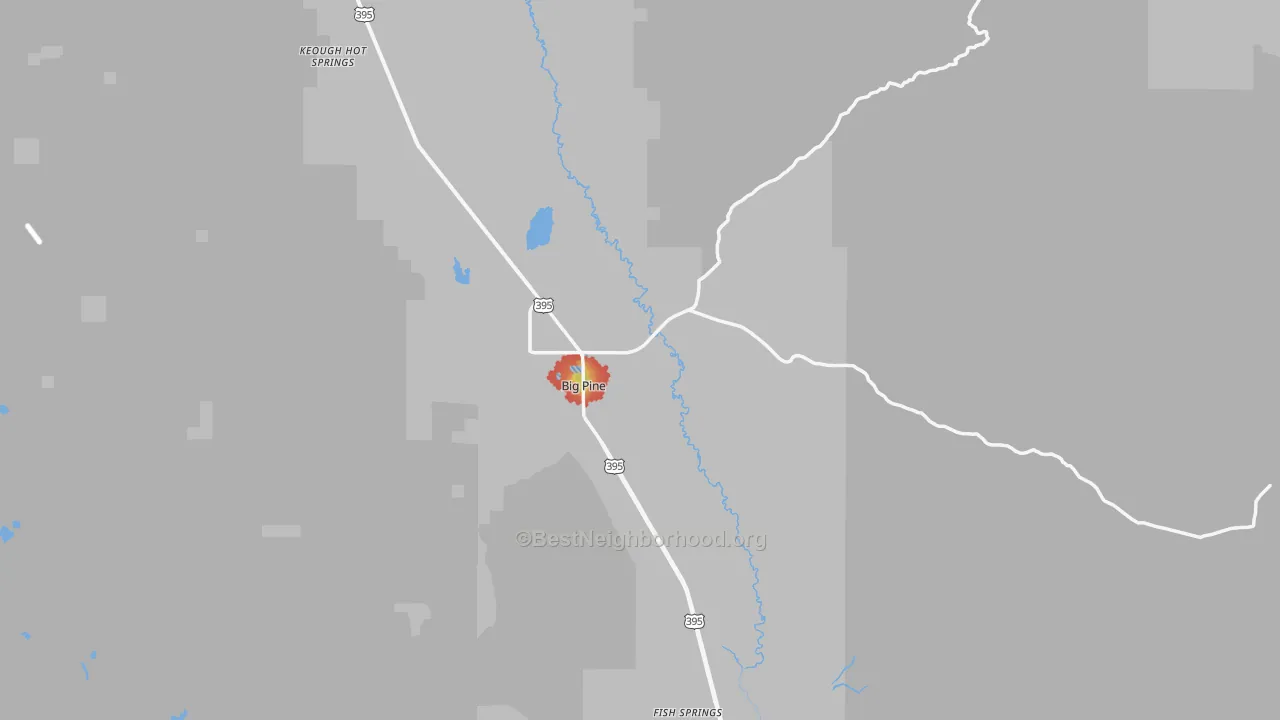 Walk Grade map of Inyo County, CA, walkable areas in green and car-dependent areas in red