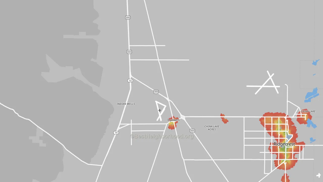 Walk Grade map of Inyokern, CA, walkable areas in green and car-dependent areas in red