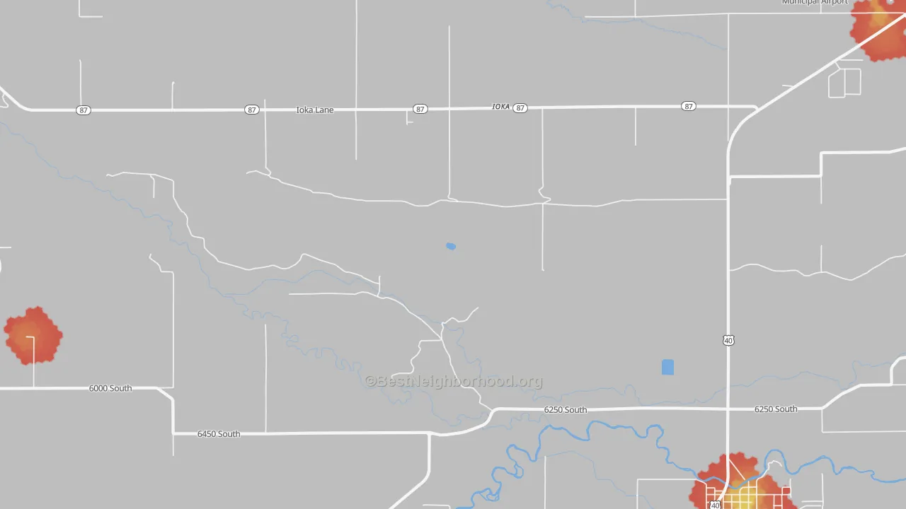 Walk Grade map of Ioka, UT, walkable areas in green and car-dependent areas in red