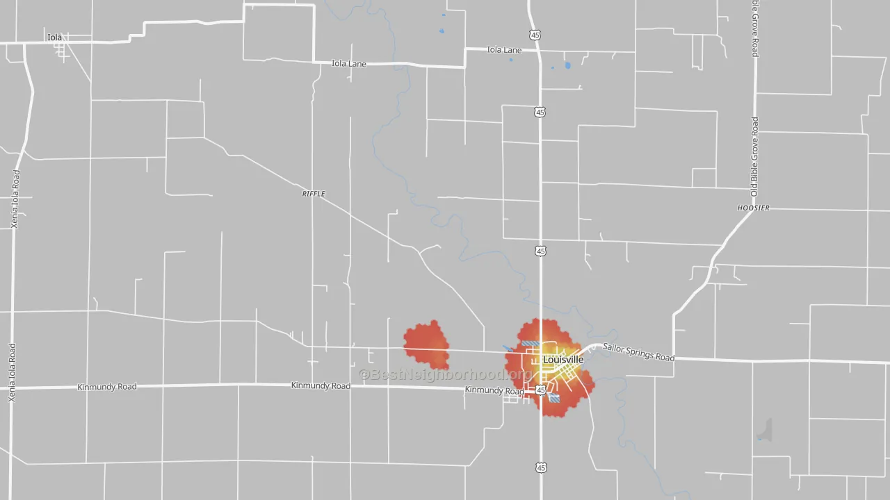 Walk Grade map of Iola, IL, walkable areas in green and car-dependent areas in red