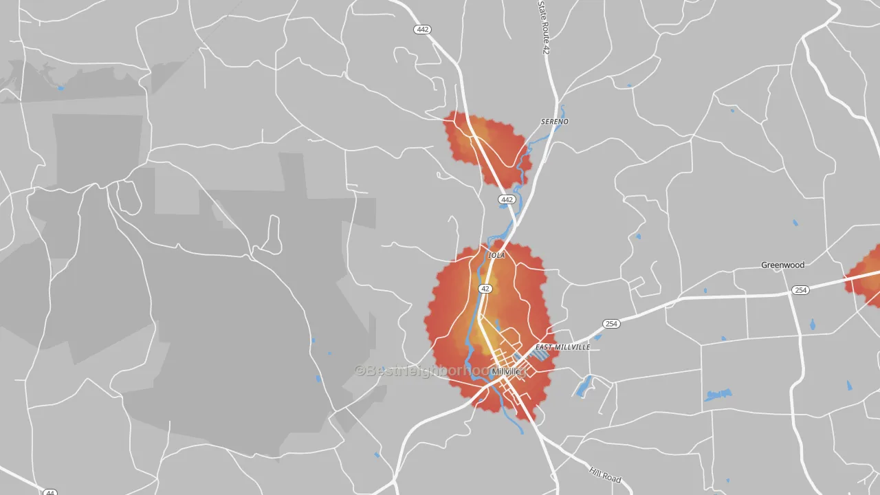 Walk Grade map of Iola, PA, walkable areas in green and car-dependent areas in red