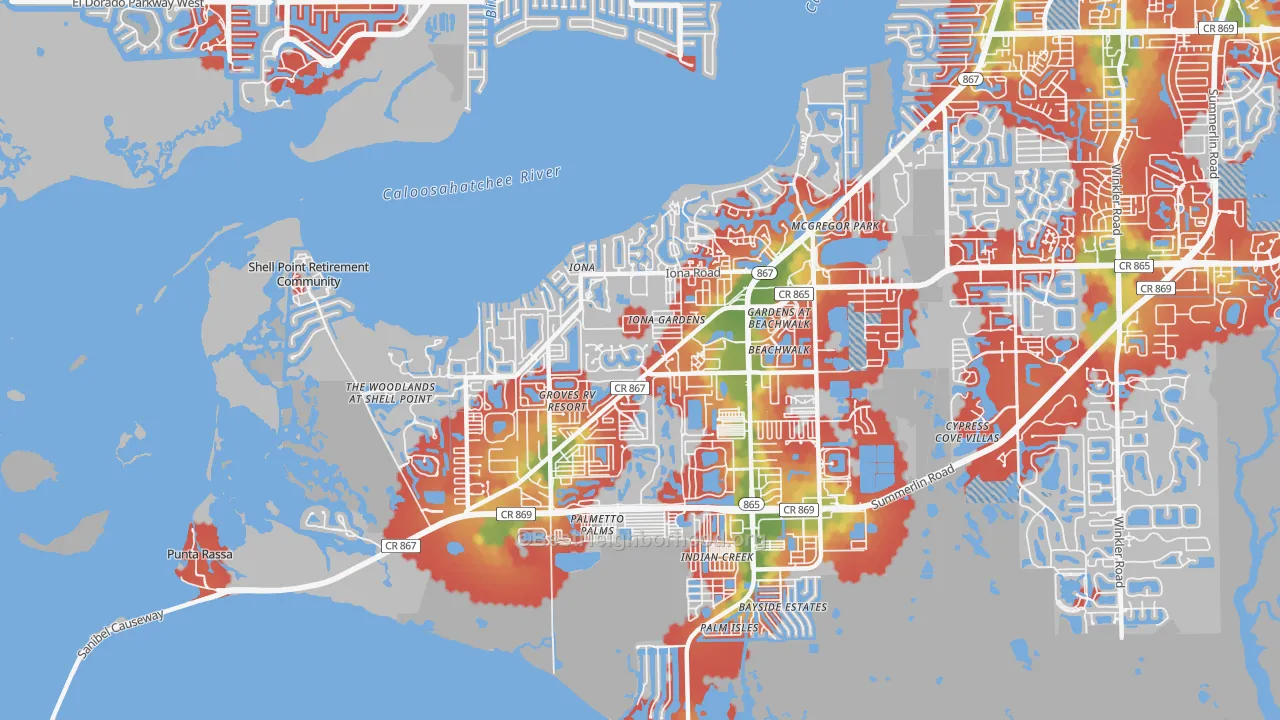 Walk Grade map of Iona, FL, walkable areas in green and car-dependent areas in red