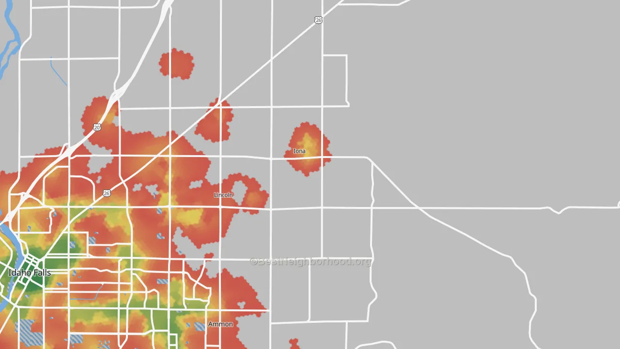 Walk Grade map of Iona, ID, walkable areas in green and car-dependent areas in red