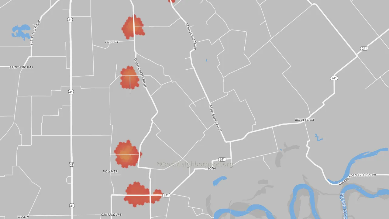 Walk Grade map of Iona, IN, walkable areas in green and car-dependent areas in red