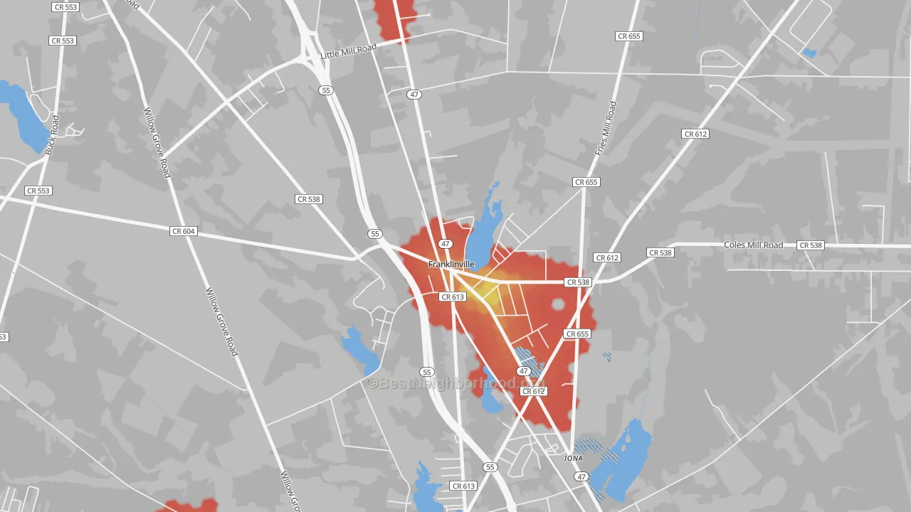 Walk Grade map of Iona, NJ, walkable areas in green and car-dependent areas in red