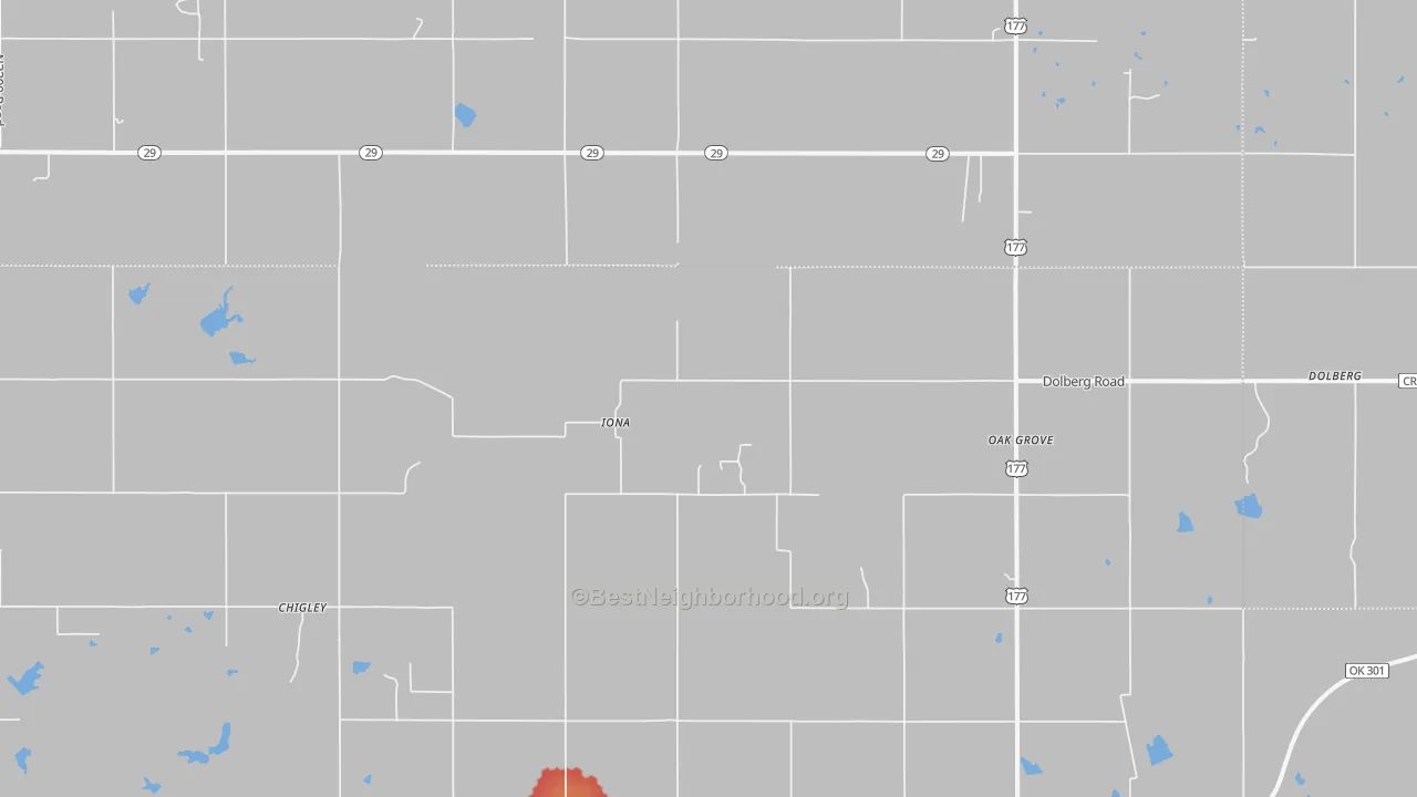 Walk Grade map of Iona, OK, walkable areas in green and car-dependent areas in red