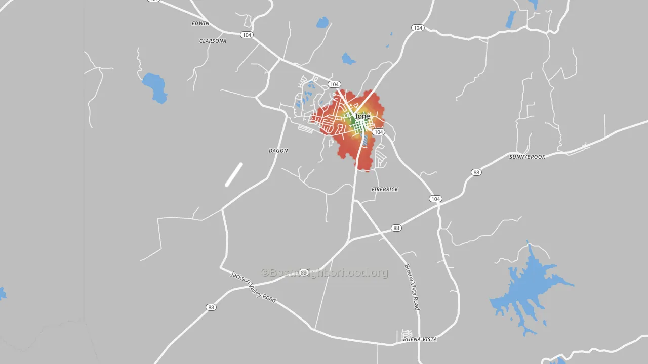 Walk Grade map of Ione, CA, walkable areas in green and car-dependent areas in red