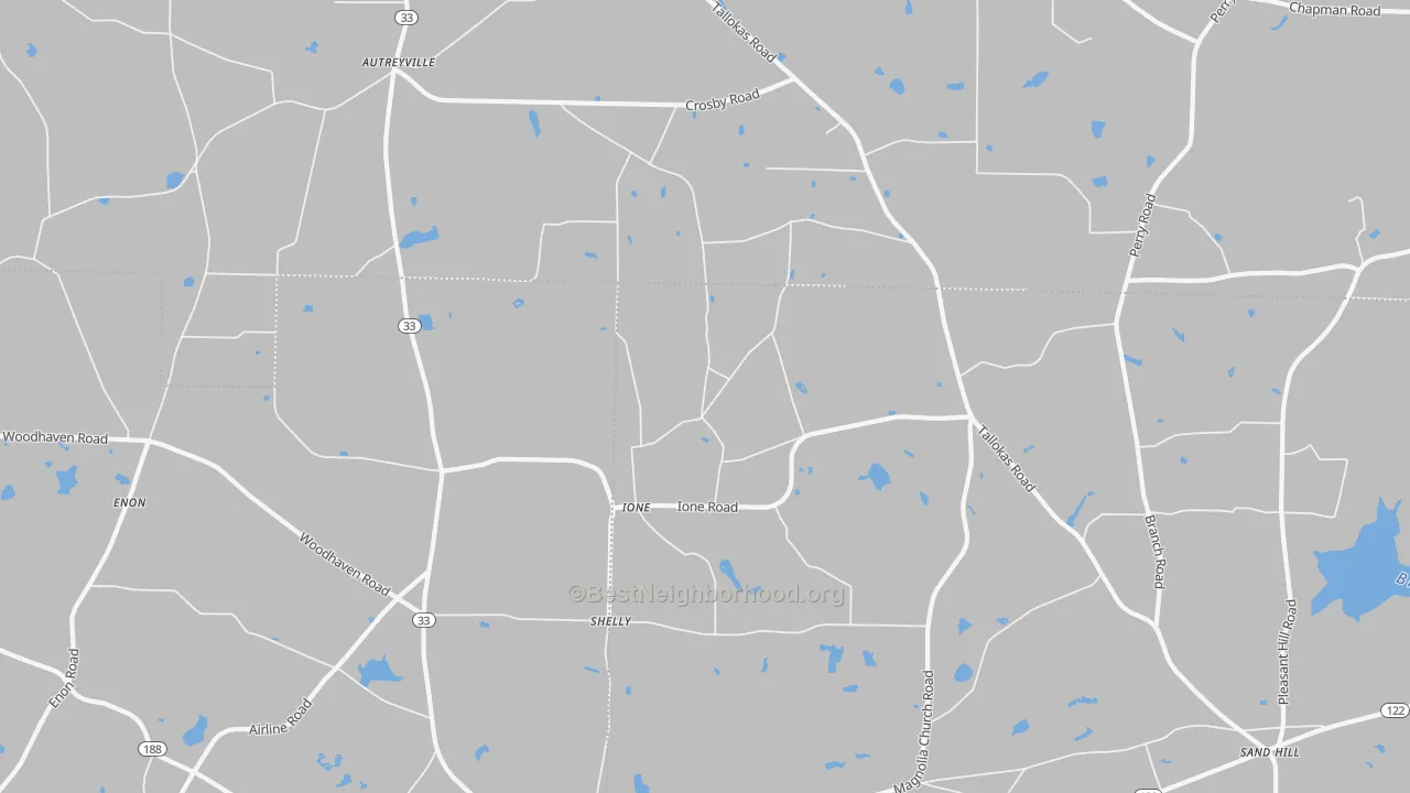Walk Grade map of Ione, GA, walkable areas in green and car-dependent areas in red